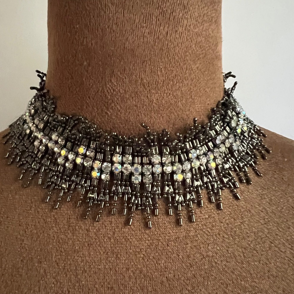 Gunmetal Beaded Rhinestone Fringe Choker Necklace Goth Whimsigoth One Size